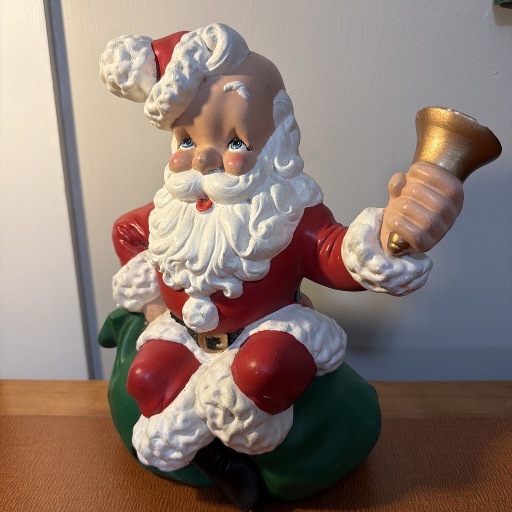 VINTAGE Atlantic Mold CERAMIC Santa Claus Sitting on Sack Ringing‎ Bell 10"